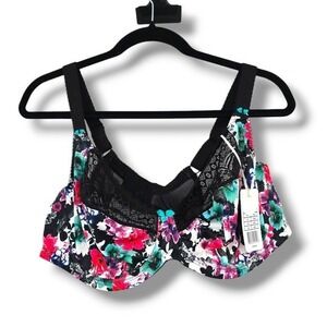 Elomi Jenna Plunge Bra‎ Floral Print Lace Trim Underwire 46D